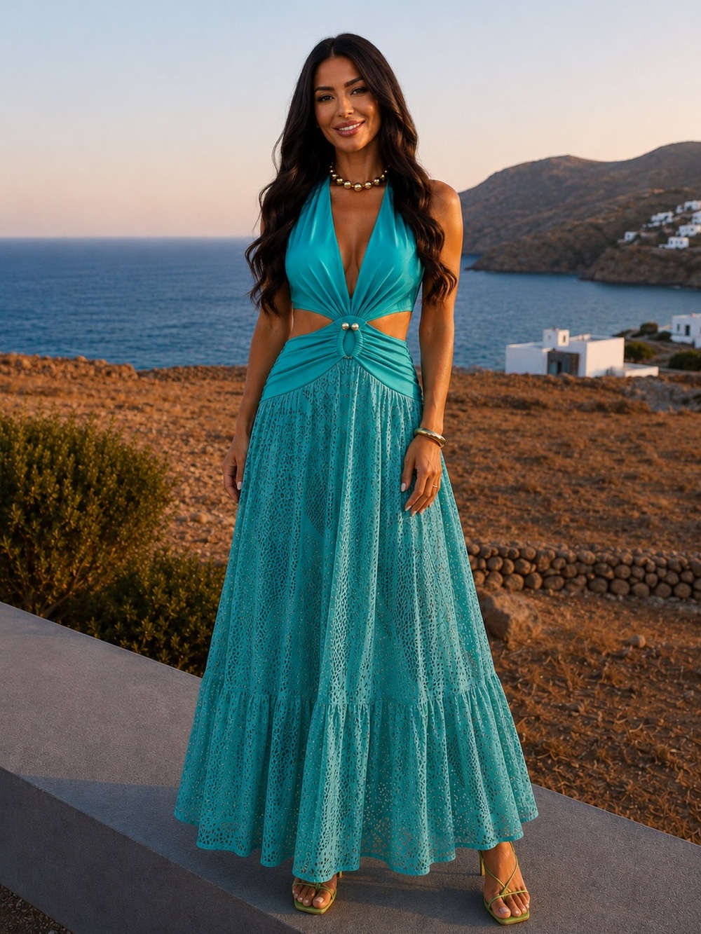 PatBO Cut-Out Beach Dress Curacao Teal Crochet Maxi Size M